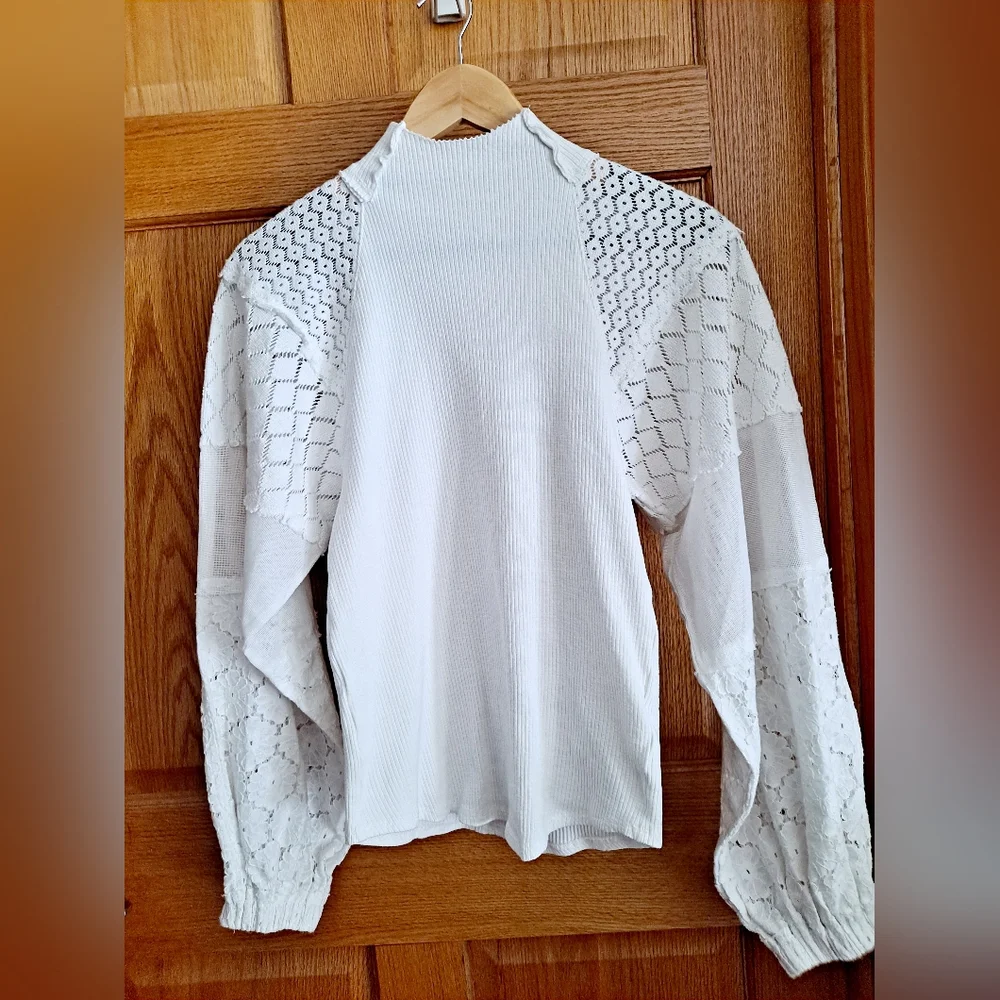 Free People Love Too Much White Mock Neck Top With Lace Sleeves